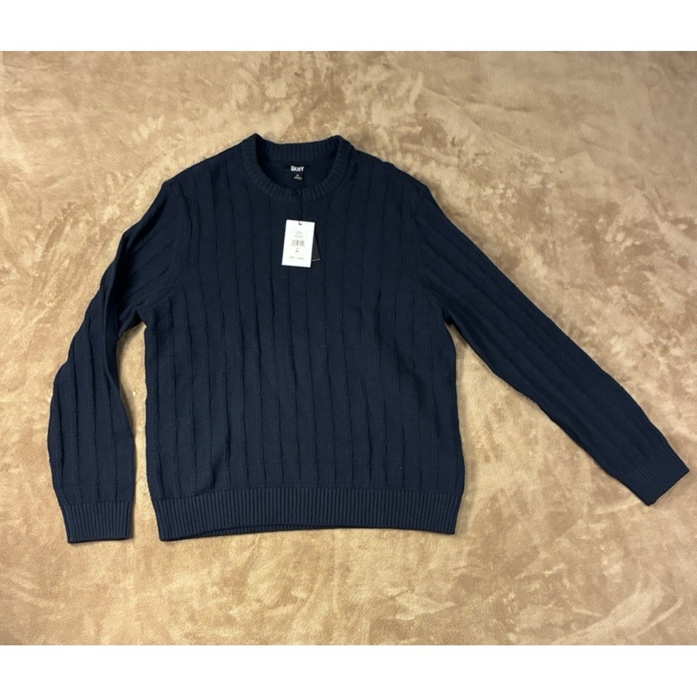 NWT DKNY Mens XL Navy Blue Textured Grid Knit Sweater Minimalist Quiet Luxury